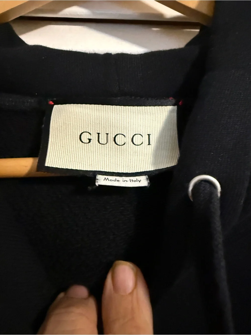 Gucci Black Hoodie with Yellow Logo and Green-Red Web Stripe